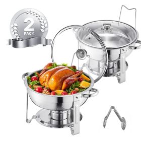 5 Qt 2 Pack Round Chafing Dish Buffet Set Full-Size Pan Stainless Steel Silver (Set: 2 Pcs, Style: Silvery-Glass Lid)